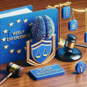 "Ilustrasi penegakan hukum EU DPC yang menunjukkan tinjauan mingguan tentang pengawasan AI, dengan grafik data dan simbol teknologi digital."