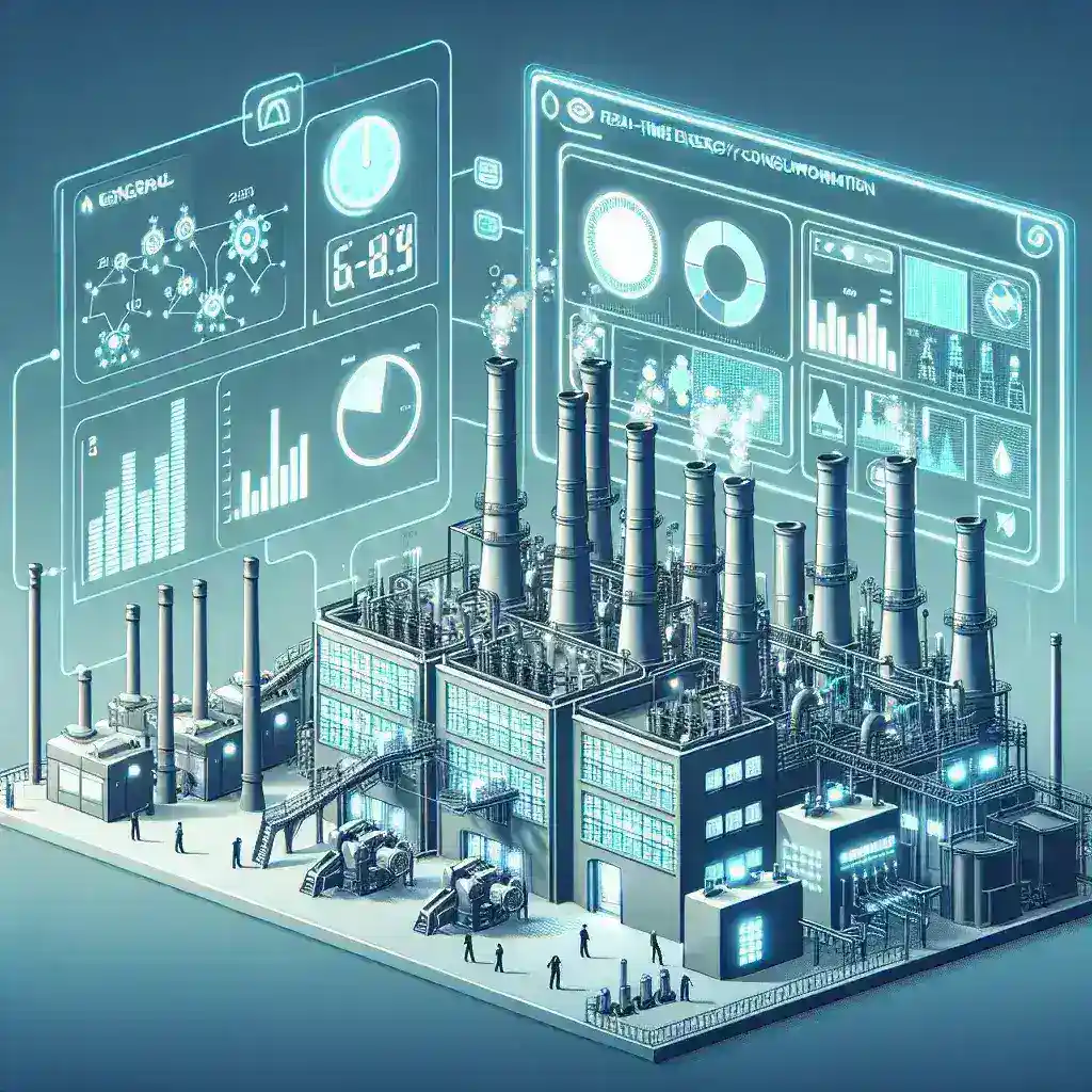 "Diagram showcasing the real-time energy consumption monitoring system for industries, illustrating data analytics, energy metrics, and user interface features for optimized energy management."