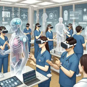Alt text: "Ilustrasi teknologi AR/VR dalam simulasi perawatan pasien, digunakan dalam pendidikan keperawatan untuk meningkatkan pengalaman belajar mahasiswa."