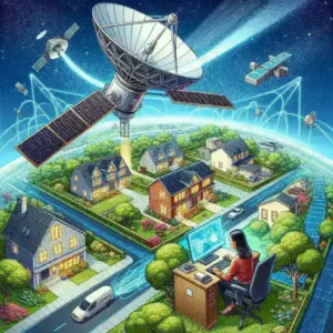 "Amazon Kuiper testing public satellite broadband service in the US, showcasing a satellite antenna and team conducting field trials."