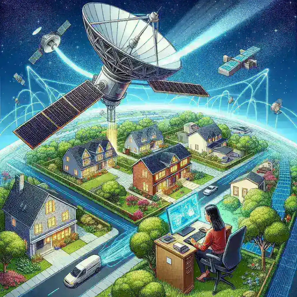 "Amazon Kuiper testing public satellite broadband service in the US, showcasing a satellite antenna and team conducting field trials."