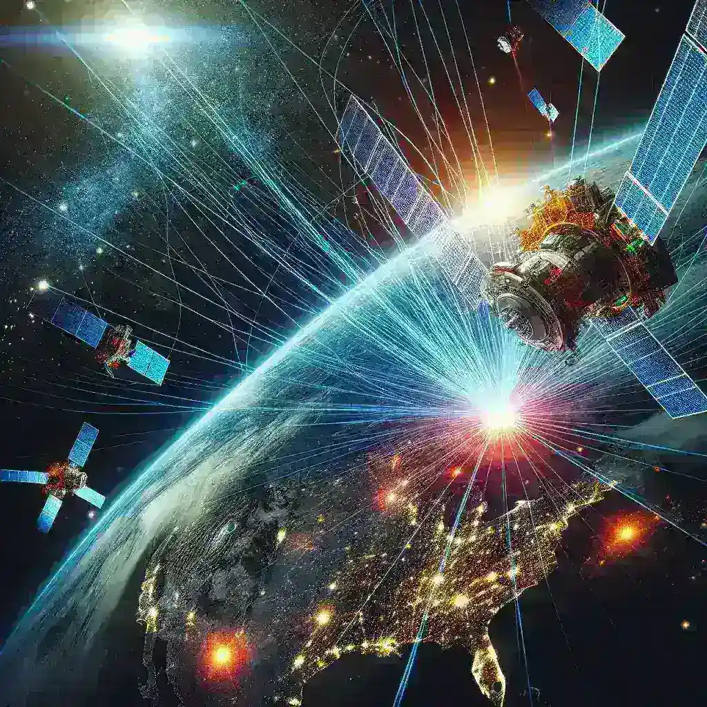 "Ilustrasi uji coba laser interlink terbaru SpaceX di konstelasi Starlink di orbit rendah, menunjukkan satelit berinteraksi menggunakan teknologi laser untuk komunikasi yang lebih cepat dan efisien."
